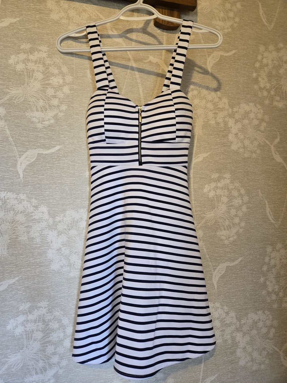 Striped White And Navy Fit-and-Flare Dress with Front Zip